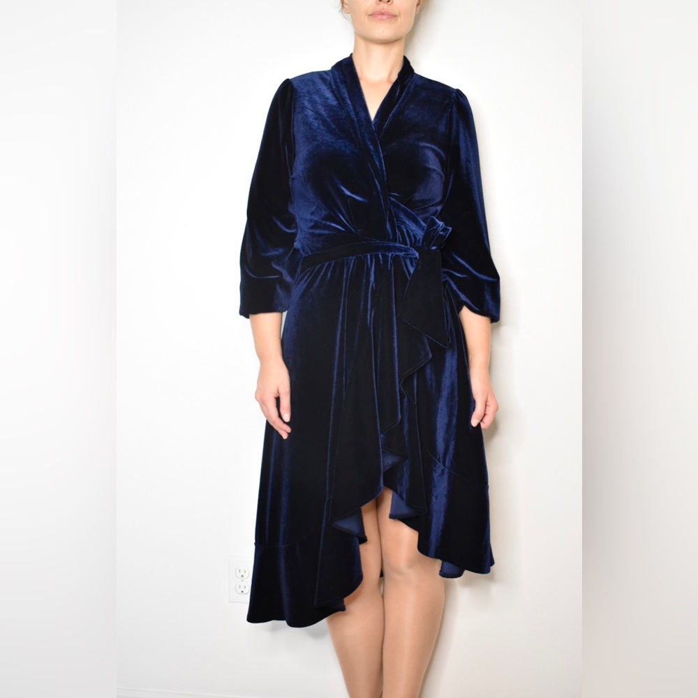 Blue Velvet MIDI Wrap Dress Long Sleeve